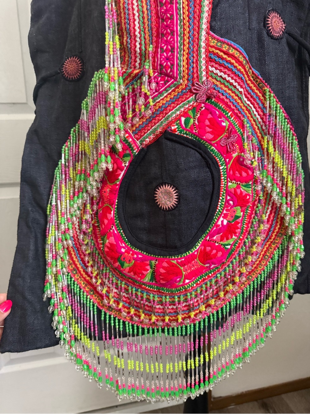 Vintage Handmade Hmong Beaded Fringe Tote Bag Embroidered Boho Ethnic Large - Picture 4 of 8